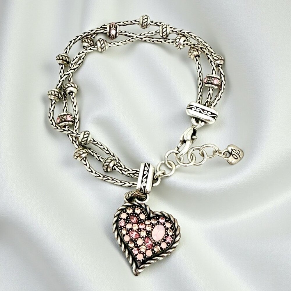 Retired Brighton Power of Pink 3-Strand Heart Bracelet Reversible Heart Charm